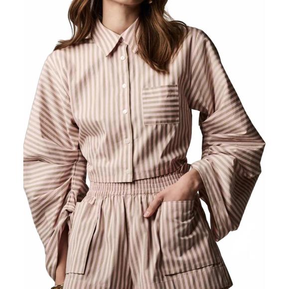 NEW HEVRON raquel long sleeve button front top in blush stripe - Picture 1 of 3